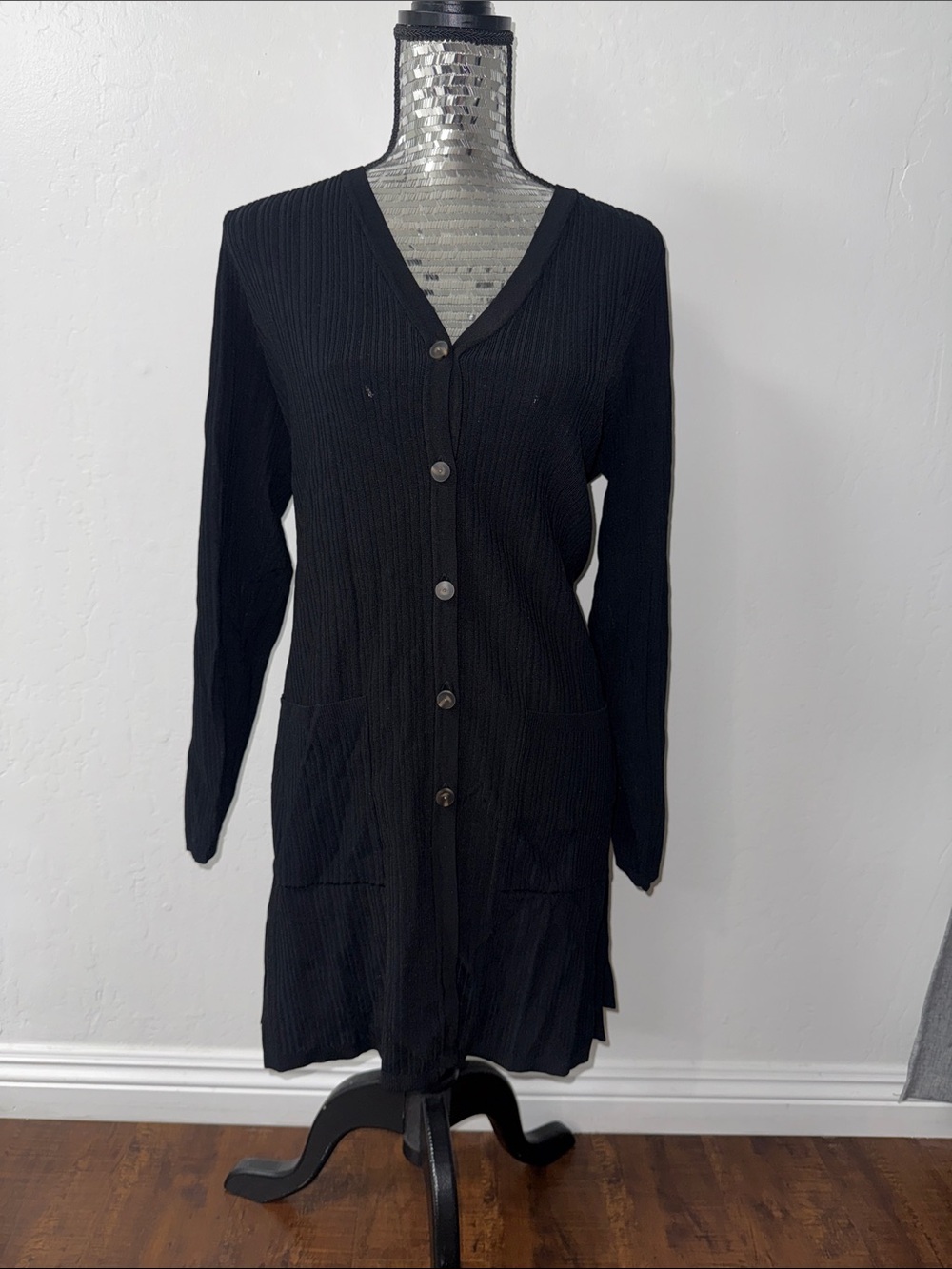 Chico's Black Long Ribbed Button-Front Dress